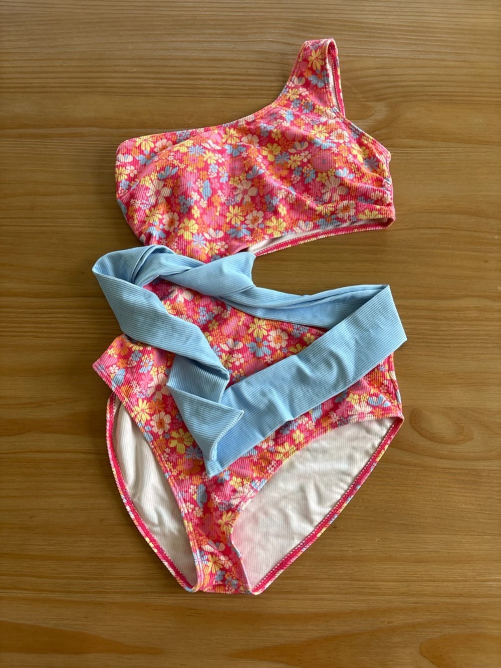 PINK LILY WOMANOne-Shoulder Floral Swim Suit with Blue Sash - Pink/Yellow Floral